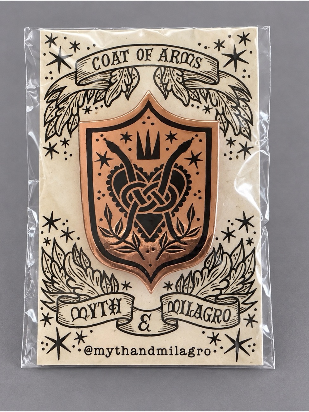 Myth & Milagro Coat of Arms Copper Black Hard Enamel Shield Pin